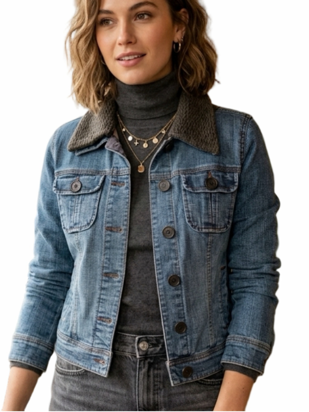 Vintage Mexx Y2K Cropped Denim Jacket Knit Sweater Collar Medium Wash Small 2034